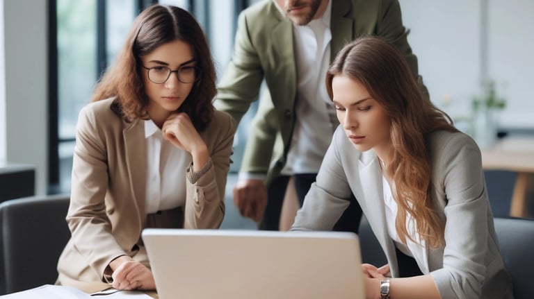 Diversos profesionales de negocios colaboran en un proyecto utilizando una computadora portátil