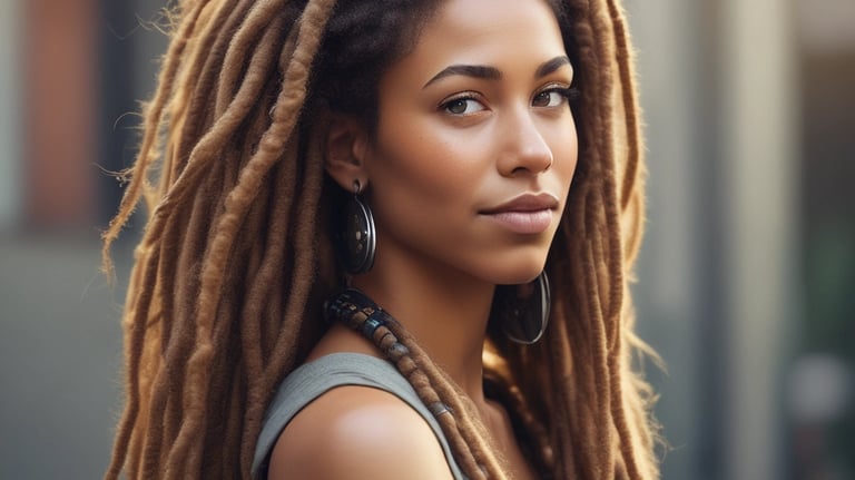Smiling woman with beautifully styled afro hair, bathed in soft golden sunlight