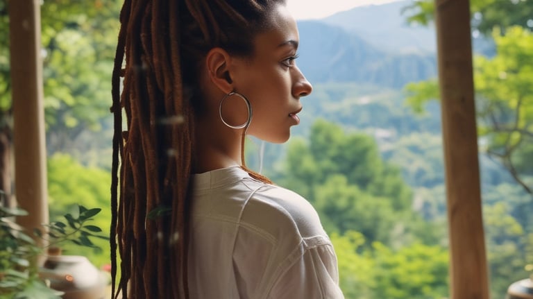 Close-up of a stylist braiding fine dreadlocks with golden light highlighting the hair texture