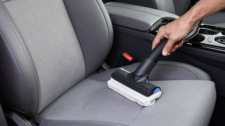 Close-up of a car seat being professionally cleaned with foam