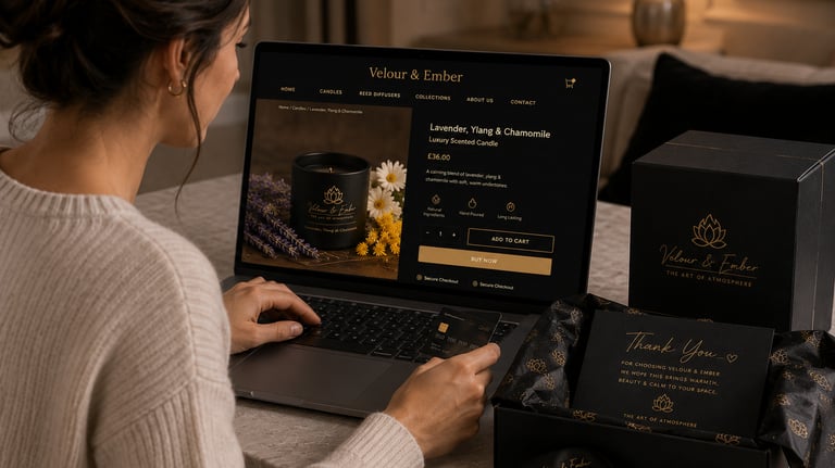 A person shopping online for luxury lavender scented candles on a laptop with premium brand packaging.