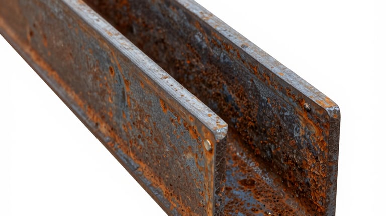 Close-up of handheld laser cleaning tool removing rust from steel beam on construction site