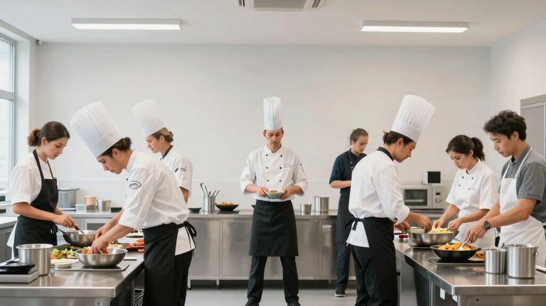 A wide shot of a modern training facility where a group of professionals are engaged in a culinary workshop. International / Global attire. Clean, bright, and professional environment. Colors: off-white and mid gray.