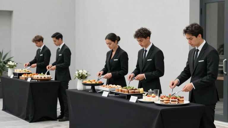 An elegant outdoor corporate event with several sophisticated food stations and professional staff. International / Global context. Minimalist design, clean lighting. Colors: black, charcoal, and light gray.
