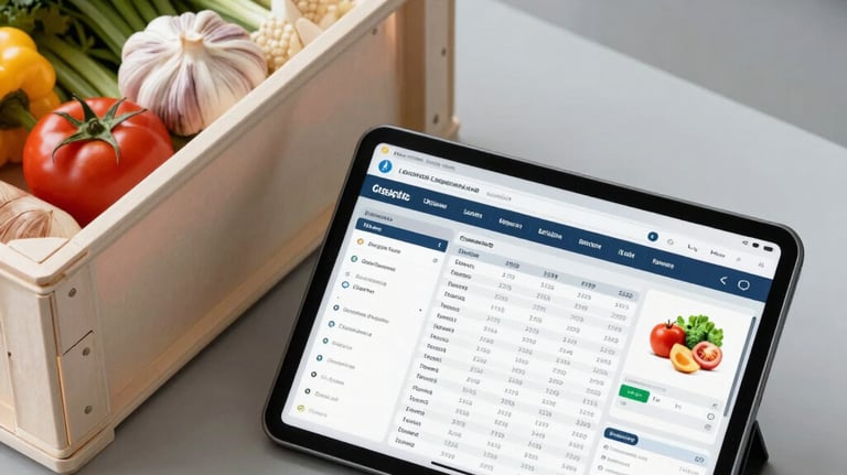 A top-down, clean photograph of a logistics dashboard on a tablet next to a crate of fresh, high-quality ingredients. Professional and organized setting in an International / Global distribution hub. Colors: light gray and off-white.