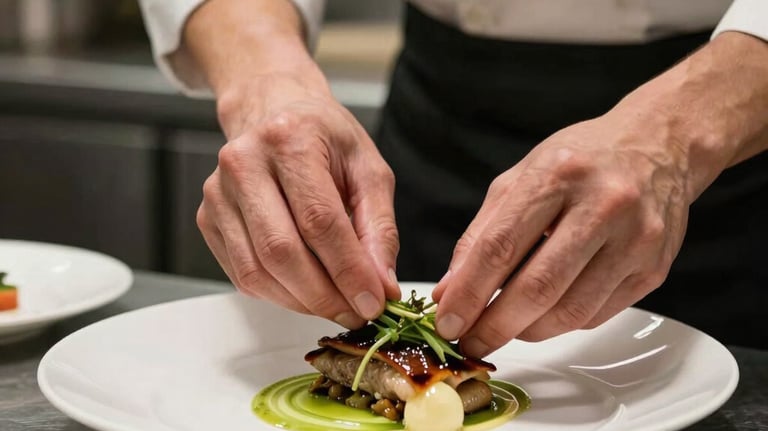 A close-up of a professional chef's hands precisely arranging a high-quality dish in a modern, brightly lit kitchen. International / Global style. The focus is on the precision and quality of the food. Colors: charcoal and off-white.