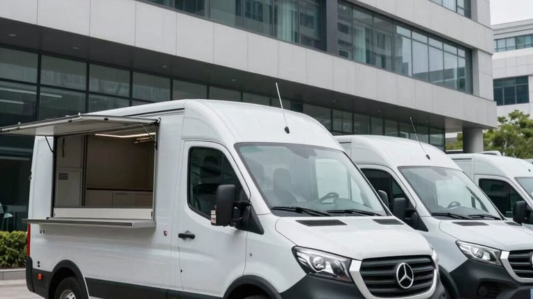 A fleet of modern, clean-lined mobile catering units parked outside a contemporary corporate building. International / Global setting. Daylight, clean aesthetic. Colors: light gray and black.