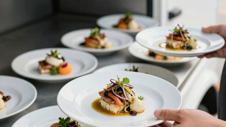 A close-up of beautifully plated gourmet meals being served from a professional mobile catering unit. International / Global cuisine. Natural, bright lighting. Colors: off-white and dark gray.