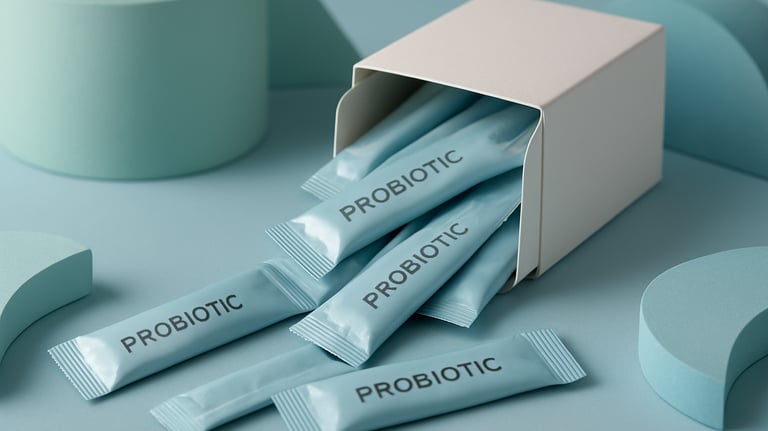 A professional studio shot of various probiotic sticks spilling out of their box onto a clean surface, surrounded by abstract shapes in light mint and blue tones.