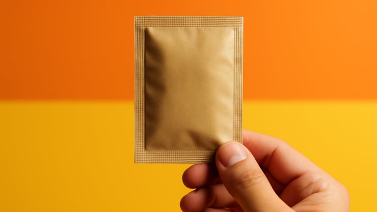 Clean, minimalist photography of a Vitamina C supplement packet held by a hand, with a vibrant orange and yellow background. The focus is sharp on the packaging texture, signifying energy and health.