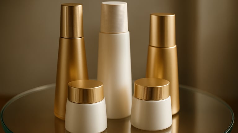 A beautiful shot of the Atomy Absolute CellActive set, showing the elegant gold and white bottles arranged in a circular composition on a glass shelf. Professional lighting.