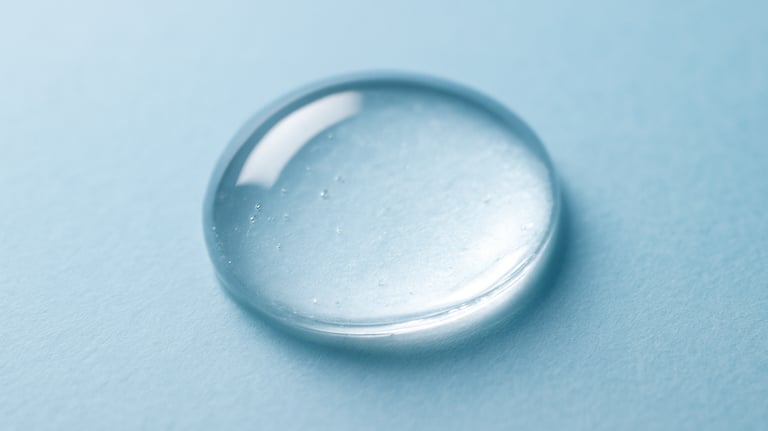 A macro photograph of a drop of clear, viscous essence reflecting light, showing the pure and concentrated nature of Korean skincare technology. Clean and clinical aesthetic with a light blue tint.