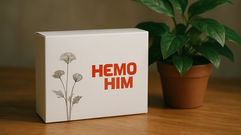 A professional shot of a box of HemoHim supplements on a wooden table next to a green plant. The lighting is soft and natural, emphasizing a healthy lifestyle and high-quality manufacturing.