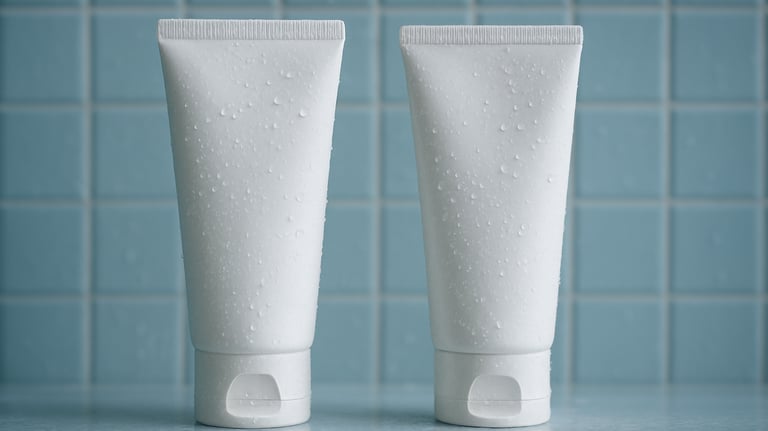 Detailed close-up of a cleansing foam and deep cleanser from the Atomy Evening Care line. Water droplets are visible on the sleek white tubes, set against a background of light blue tiles.