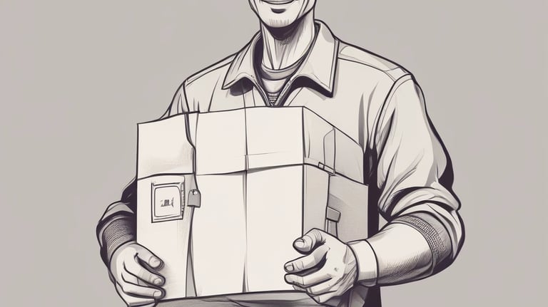 A smiling courier handing over a package to a happy recipient at their doorstep.