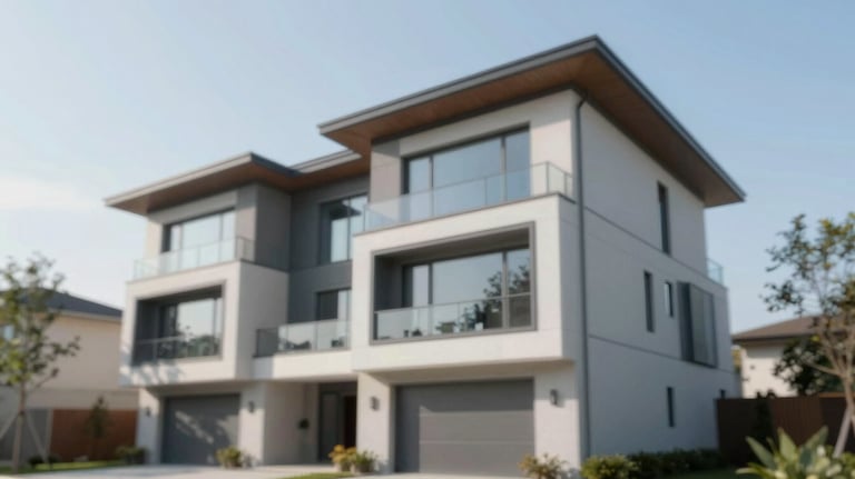 Modern residential architecture of a luxury home under a clear sky. The image uses sharp focus and a high-end editorial style, incorporating tones of #A0B7CD and #F5F8FA.