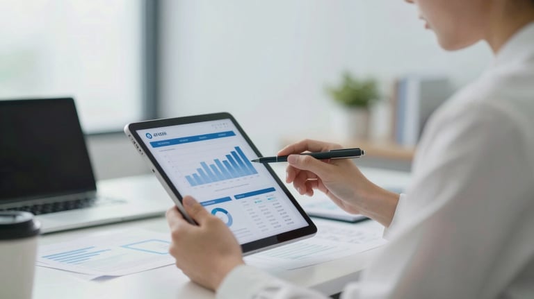 A focused professional in a white shirt reviewing financial documents on a tablet in a bright, modern office. The color palette includes #4F6F8F.