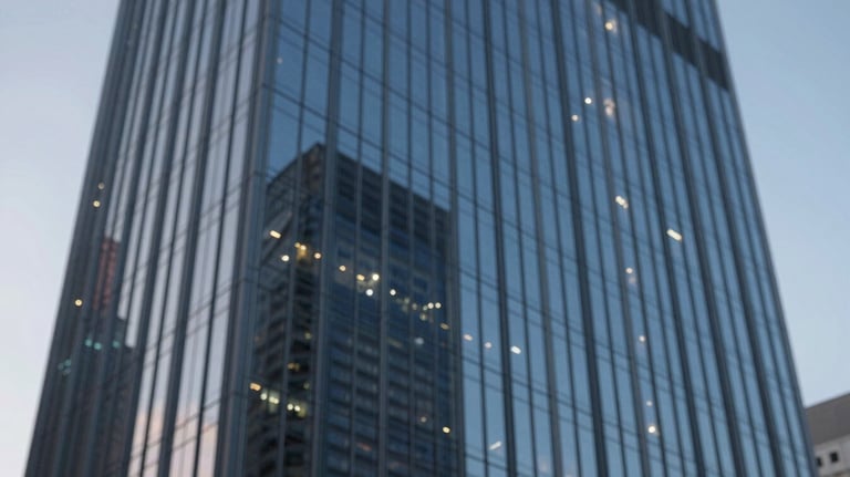 A high-rise glass commercial building facade reflecting the blue hour sky, representing high-value property and corporate assets.