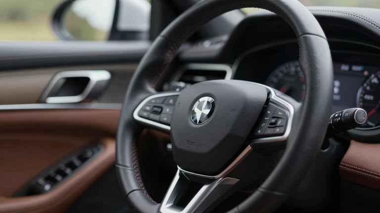 Close-up of a luxury car's interior dashboard and steering wheel, reflecting polished surfaces and a sense of achievement and mobility.