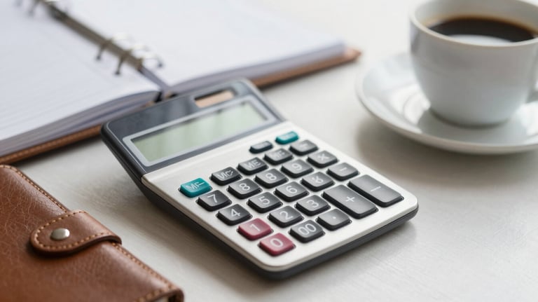 A professional desk setting with a sleek calculator, a leather-bound planner, and a cup of coffee, signifying financial planning and flow.