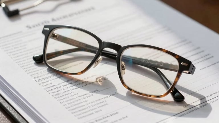 Close-up of a pair of eyeglasses resting on a stack of financial reports and tax documents, soft sunlight coming from the side in a South American executive office.
