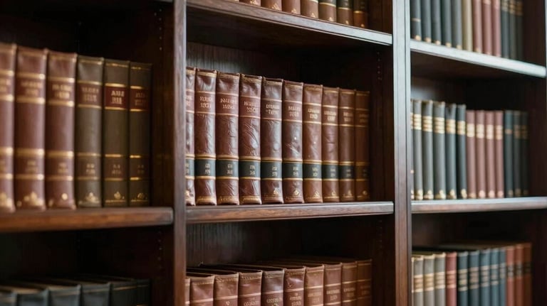 Interior of a classic, high-end legal library with leather-bound books on dark wood shelves, subtle gold accents, South American professional style.