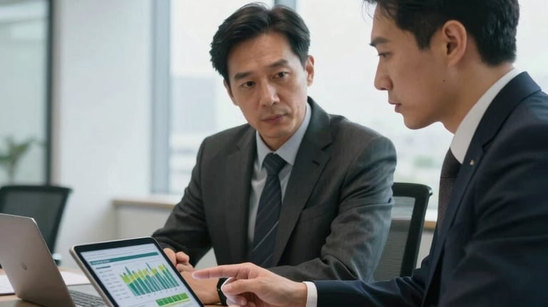 An executive meeting in a modern office with large windows; two professionals in formal attire discussing over a tablet showing agricultural data.