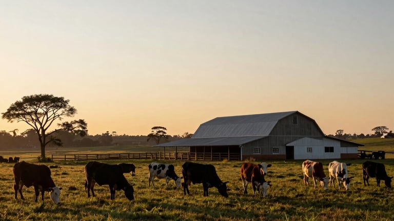 A wide landscape of a South American farm at sunrise, with silhouettes of livestock and a modern barn, capturing the essence of traditional and modern agriculture.