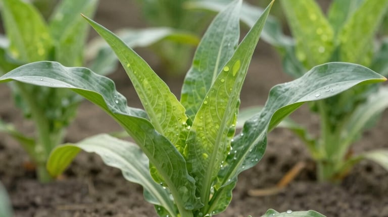 Close-up of healthy green crops in a row, with a focus on a single plant, representing growth and the technical precision of modern agriculture.