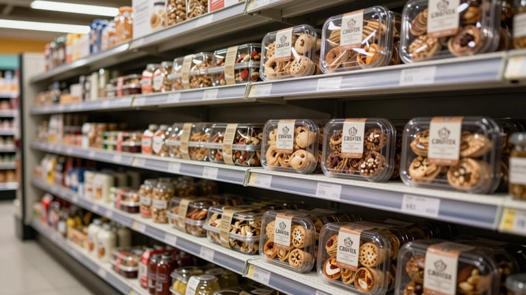 Premium retail-ready food products displayed on high-end shelves in a modern North American / Canadian store, clean and organized.