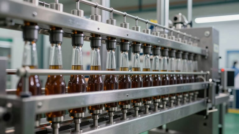Modern automated bottling line in operation, clean stainless steel, professional depth of field, bright industrial lighting.