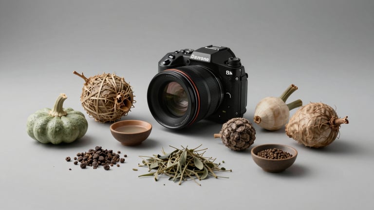 A collection of organic ingredients and raw production inputs on a clean surface, professional studio lighting, mist gray and soft sage palette.