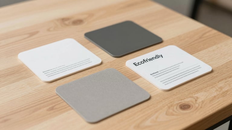Eco-friendly packaging samples and labels on a light-colored wooden table, professional clean photography style.
