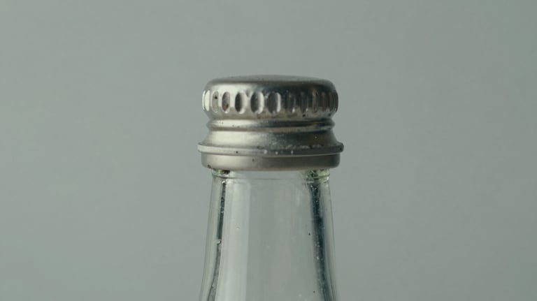 Close-up of high-quality glass packaging and closures for premium beverages, minimalist composition, mist gray background.