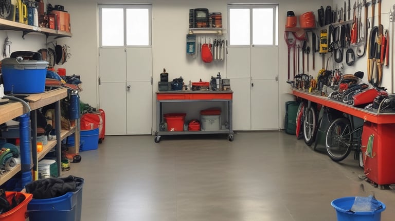 A clean, organized garage with shelves and clear floor space.