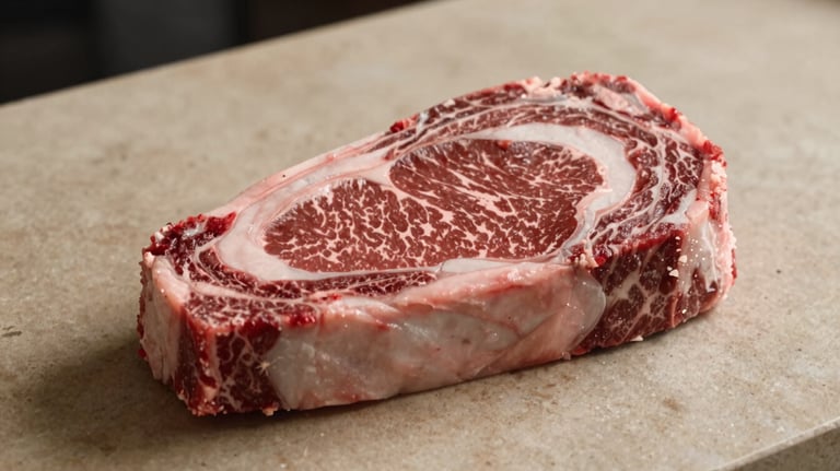 Close-up photography of a premium ribeye steak with perfect marbling on a tan stone countertop. Soft, professional lighting, Southern European / Italian butcher style.