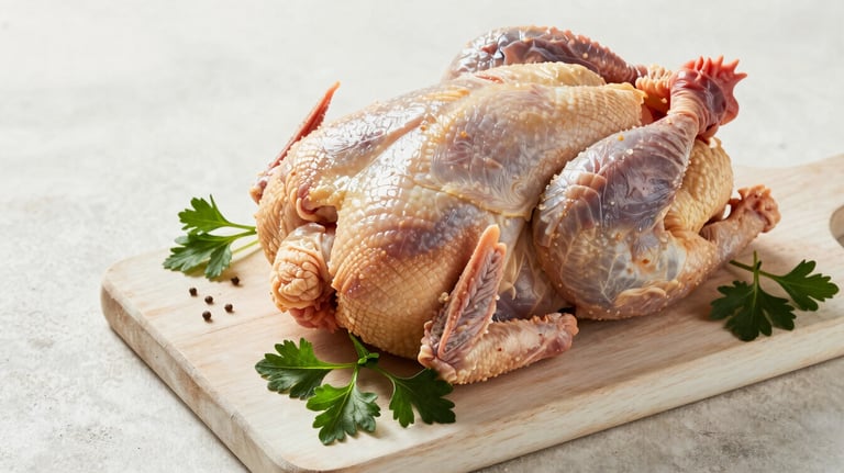 A rustic but clean arrangement of fresh farm poultry and herbs on a light cream wooden board. Sophisticated lighting emphasizing texture and freshness.