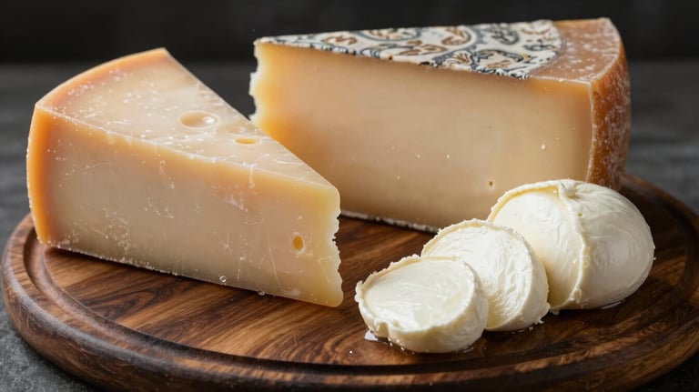 A collection of artisanal Italian cheeses, including a wedge of parmesan and fresh buffalo mozzarella, on a dark brown wooden platter.