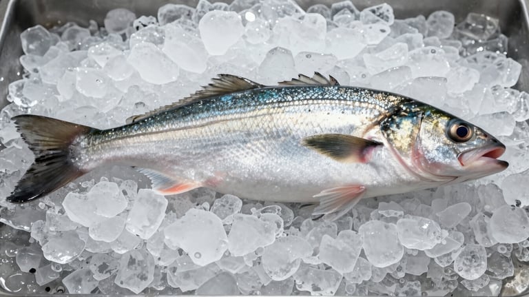A silver sea bass on a bed of crushed ice, shining under bright, clean market lighting. Fresh and professional composition, Southern European / Italian style.