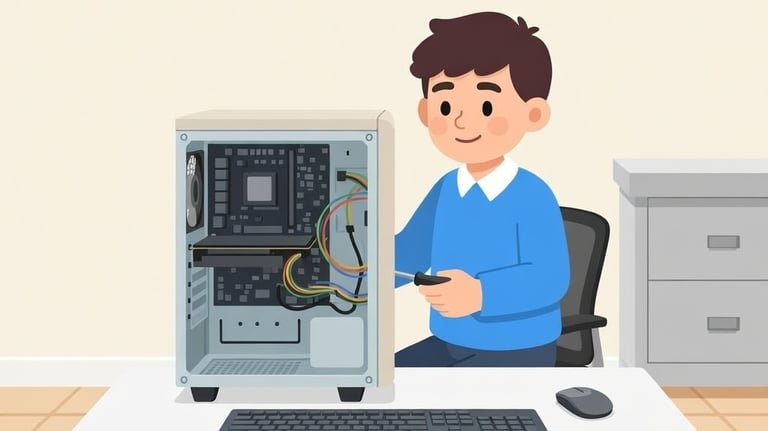 A man builds a custom desktop computer using a screwdriver at a white desk.