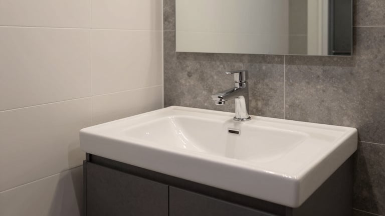 A clean, modern bathroom in a furnished apartment, showcasing high-quality fixtures and a minimalist design in soft off-white and dark slate grey tones.