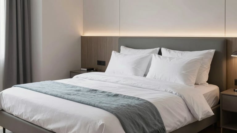 A modern bedroom in a furnished apartment, featuring a comfortable bed with clean white linens and light blue-grey accents, Zentraleuropäisch / Deutsch style.