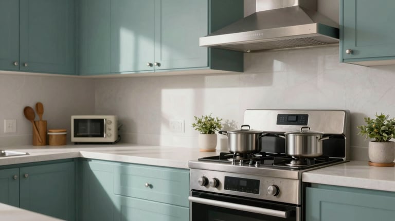 A bright and functional modern kitchen area in a rental apartment, featuring muted teal accents and professional-grade appliances.