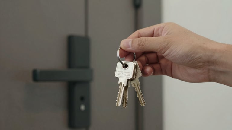 A close-up shot of a hand holding a set of keys in front of a modern apartment door, representing reliable and fast provision of housing.