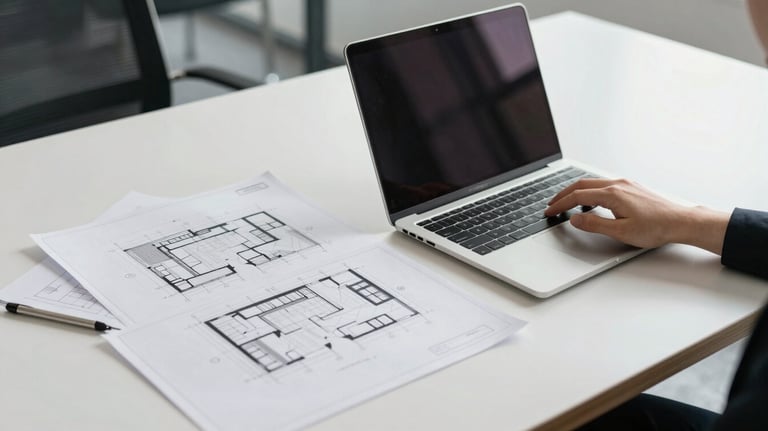 A clean tabletop in a modern office with architectural plans and a laptop, suggesting professional consulting and strategy sessions.
