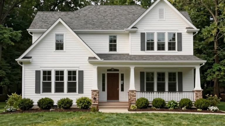 An exterior architectural photo of a well-maintained family home in Greater Chicagoland, US. Clean lines and grounded forest green foliage under soft daylight portray stability, comfort, and integrity.