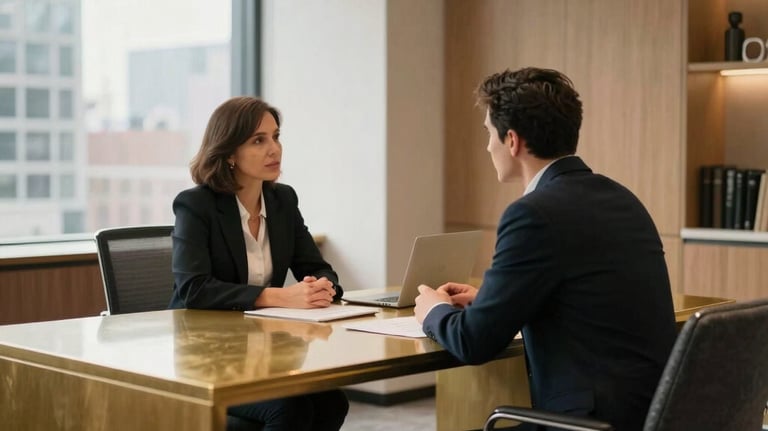 A professional real estate consultation in a modern office in Greater Chicagoland, US. Soft natural light illuminates clean architectural lines, warm gold desk details, and dark slate seats, reflecting an atmosphere of deep trust and reassurance.