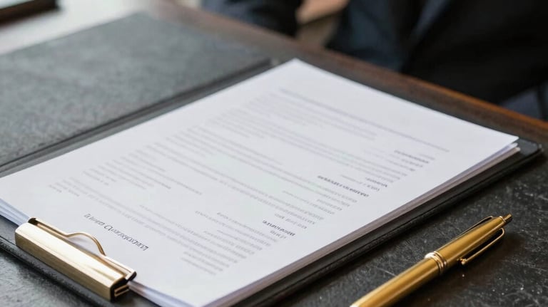 A close-up photograph of a professional document folder sitting on a polished dark slate table beside a warm gold pen in Greater Chicagoland, US. Bright natural light creates a uncluttered, transparent feeling.