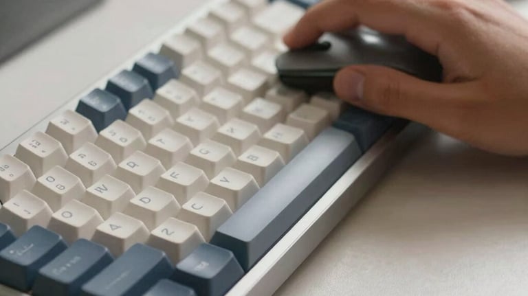 Detail shot of a person using a mechanical keyboard and mouse, soft natural lighting, steel blue and off-white color scheme.