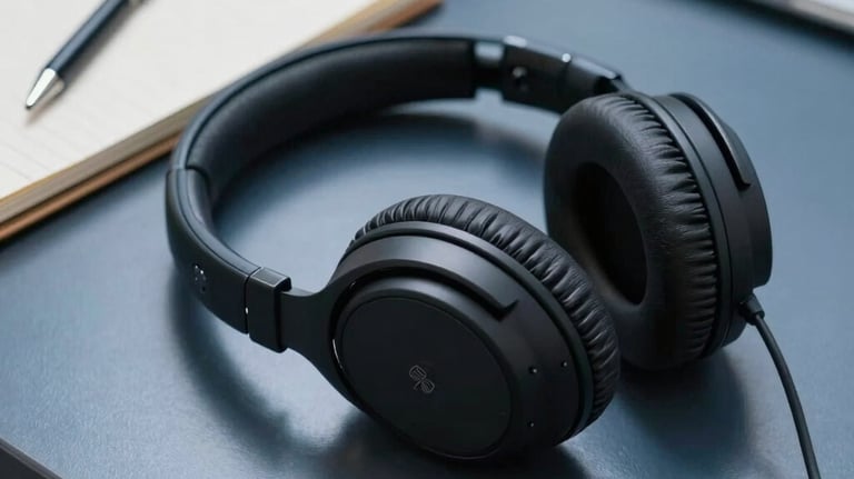 A pair of noise-canceling headphones next to a notepad on a dark steel blue desk, professional North American environment.
